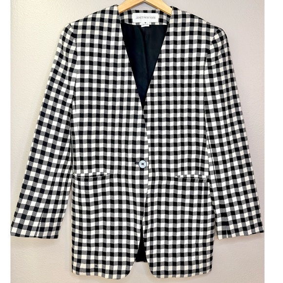 Jones New York Vintage Checkered Long Length One Button Blazer 100% Pure Wool - Picture 7 of 7